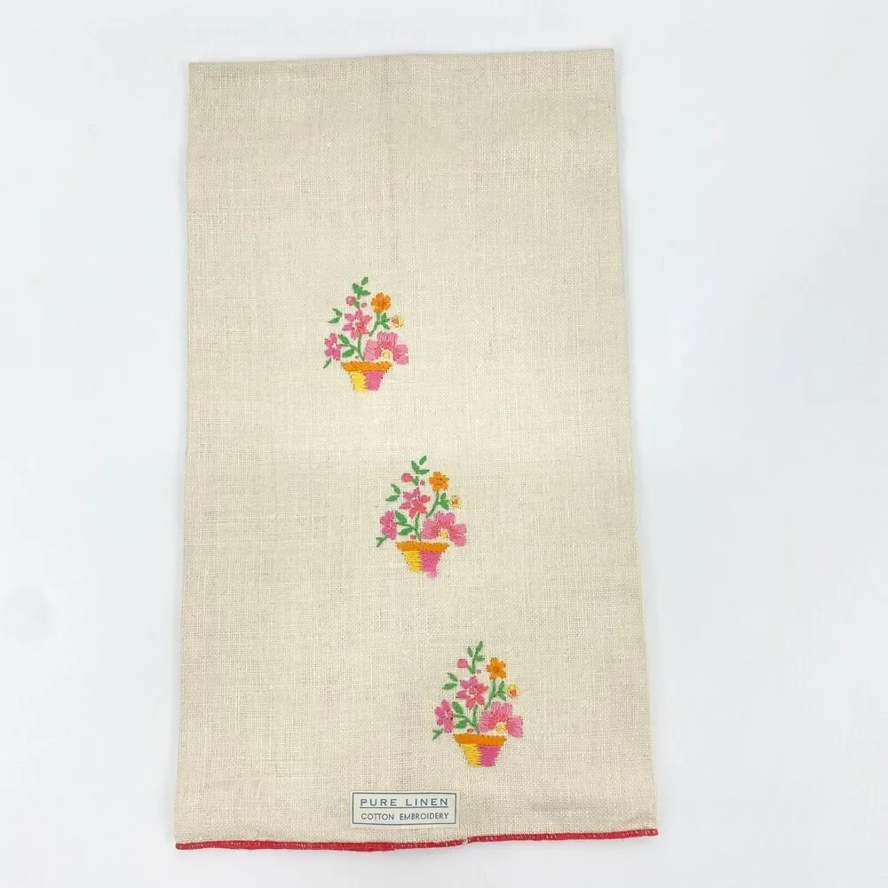 Vintage Linen Napkins Lot of 4 Floral Embroidered Ivory Red Pink